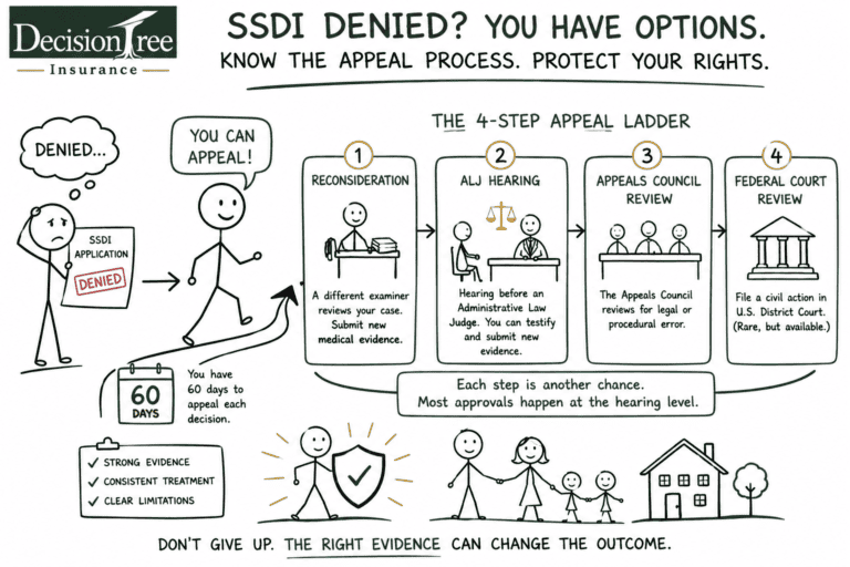 infographic showing how to appeal an SSDI denial through reconsideration, an ALJ hearing, Appeals Council review, and federal court.